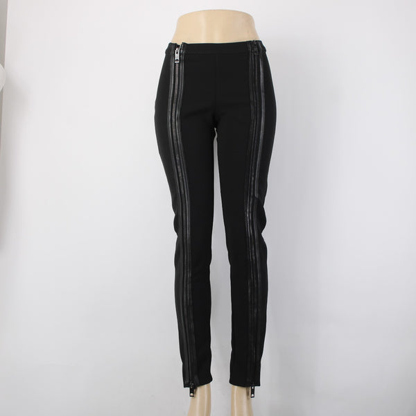 Burberry Pant Sz 42 x 30 Black Leather Zipper Detail Acetate Polyester Pant