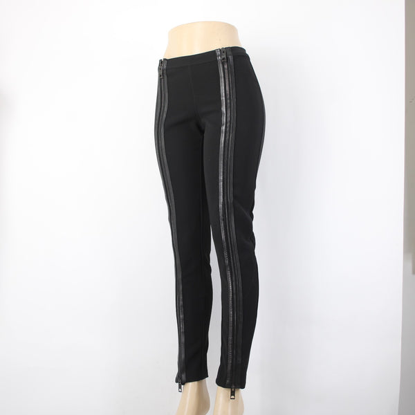 Burberry Pant Sz 42 x 30 Black Leather Zipper Detail Acetate Polyester Pant