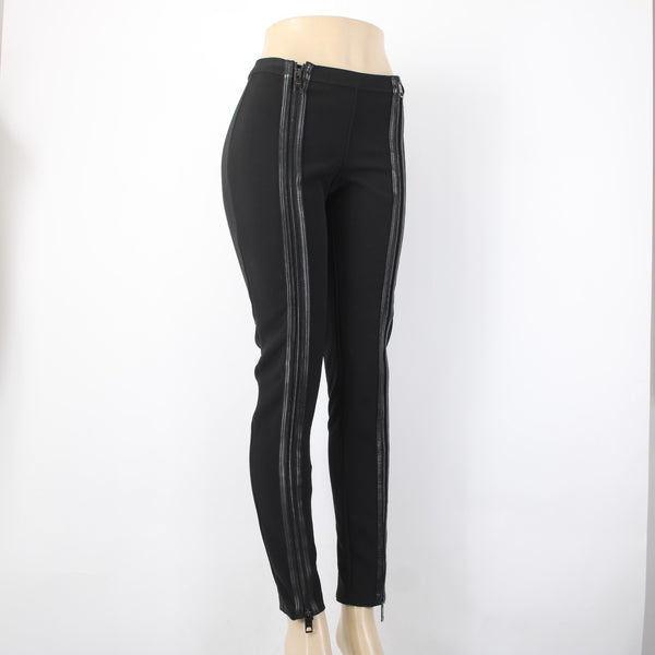 Burberry Pant Sz 42 x 30 Black Leather Zipper Detail Acetate Polyester Pant
