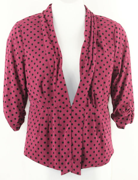 Elle Sz XL Burgundy Black Polka Dot Pleated Peplum Ruch Sleeve Poly Jacket
