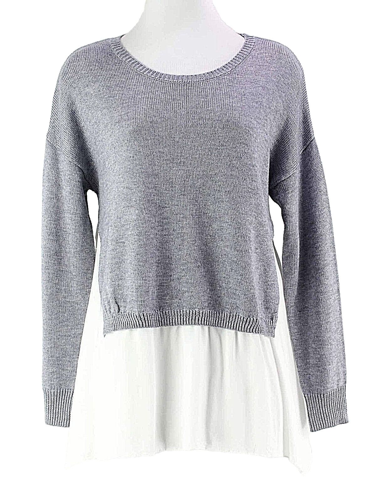 Wells Grace Sz S Grey White Crewneck Sheer Ruffle Rayon Wool Poly Blend Top