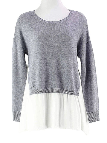 Wells Grace Sz S Grey White Crewneck Sheer Ruffle Rayon Wool Poly Blend Top