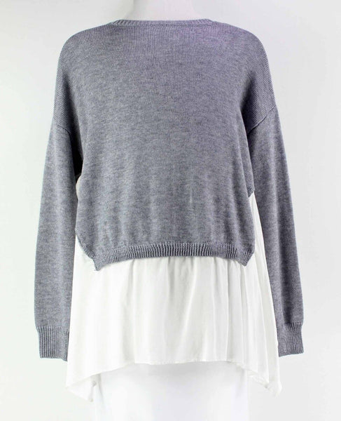 Wells Grace Sz S Grey White Crewneck Sheer Ruffle Rayon Wool Poly Blend Top