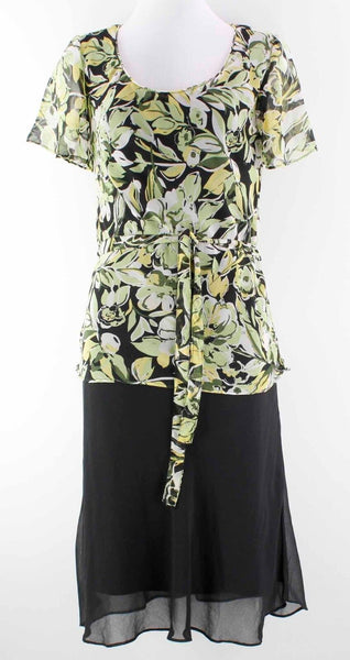 Metro 22 Sz M Black Lime Multi Chiffon Tie Waist Polyester Flowy Dress