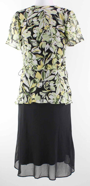 Metro 22 Sz M Black Lime Multi Chiffon Tie Waist Polyester Flowy Dress