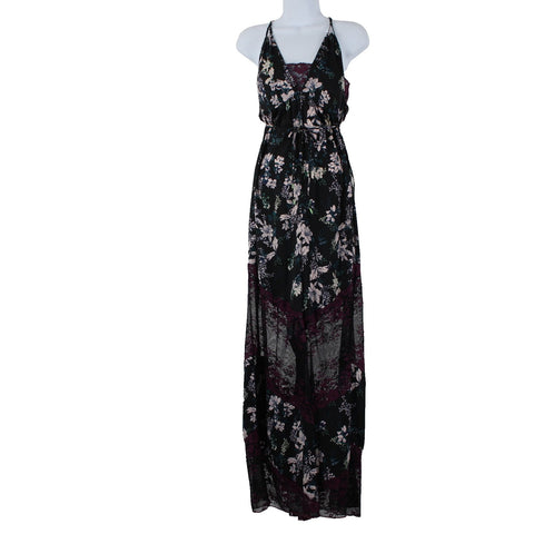 Free People NEW $128 Midnight Combo Sz M Black Multi Lace Floral Poly Jumpsuit
