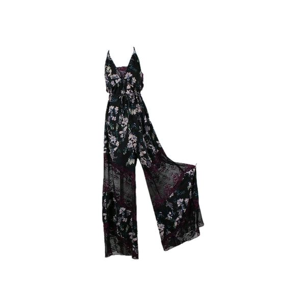 Free People NEW $128 Midnight Combo Sz M Black Multi Lace Floral Poly Jumpsuit