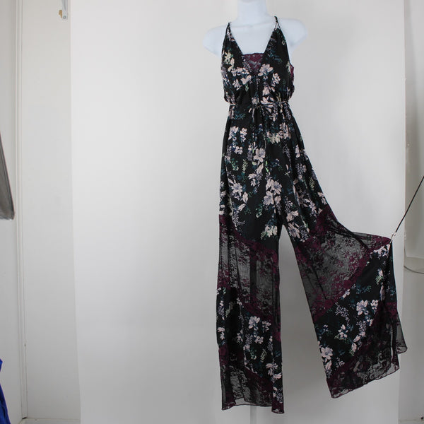 Free People NEW $128 Midnight Combo Sz M Black Multi Lace Floral Poly Jumpsuit