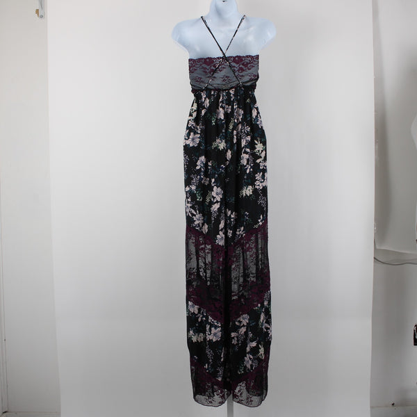 Free People NEW $128 Midnight Combo Sz M Black Multi Lace Floral Poly Jumpsuit