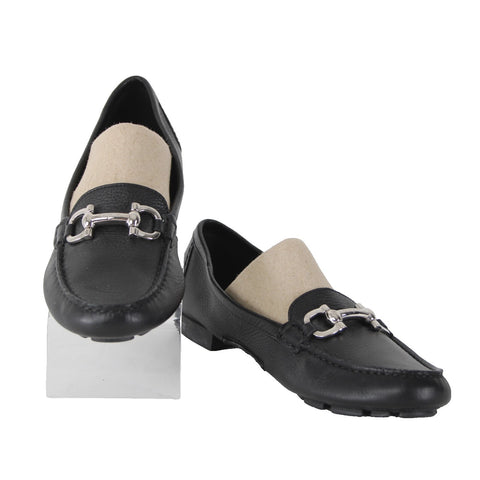 Ferragamo Flats Sz 7 Black Silver Hardware Buckle Slip On Closed Toe Leather