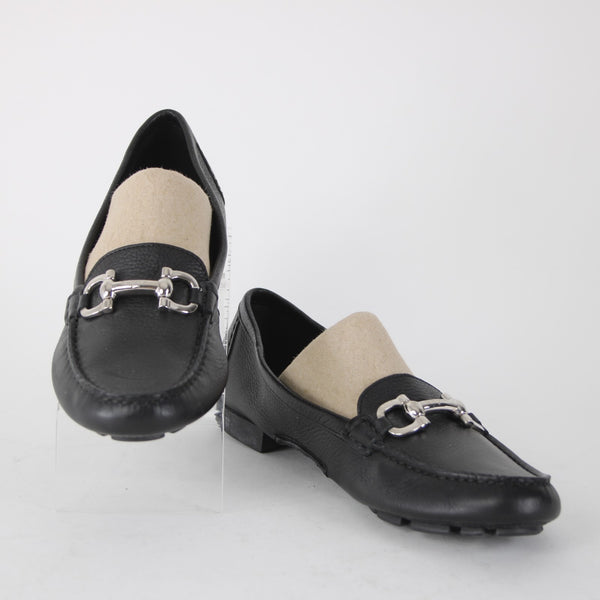 Ferragamo Flats Sz 7 Black Silver Hardware Buckle Slip On Closed Toe Leather