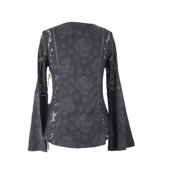 Tregene NEW $177 Sz S Black Lace Eyelet Button Down V Neck Cotton Linen Top