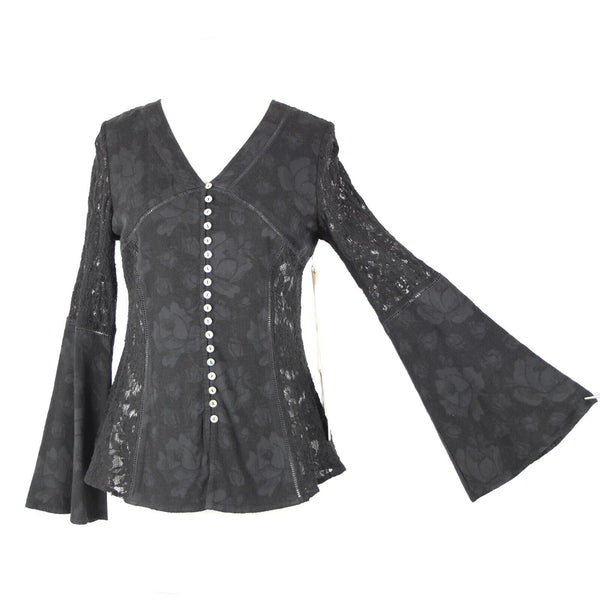 Tregene NEW $177 Sz S Black Lace Eyelet Button Down V Neck Cotton Linen Top