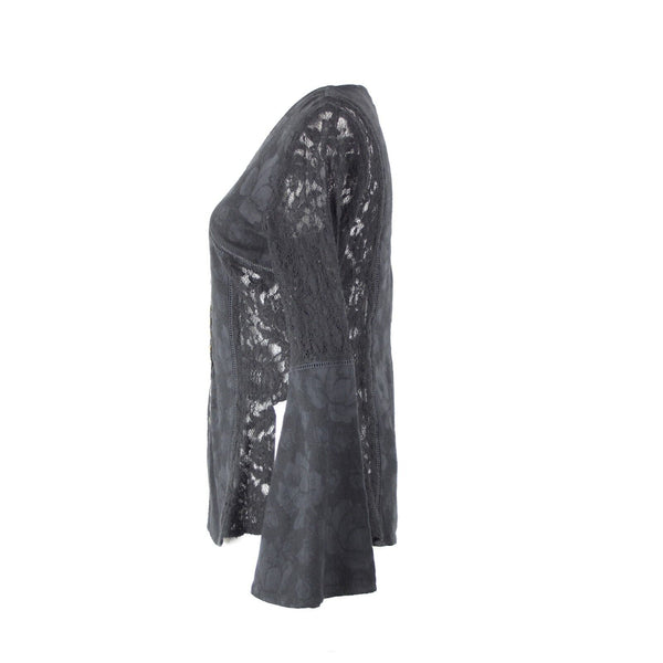 Tregene NEW $177 Sz S Black Lace Eyelet Button Down V Neck Cotton Linen Top