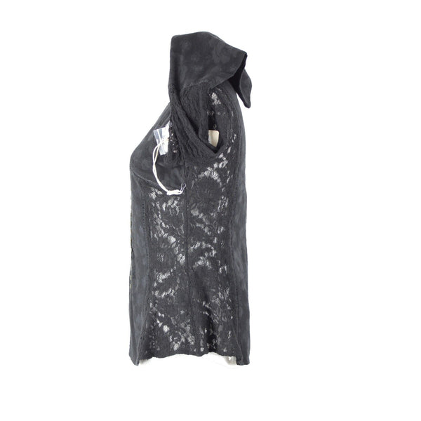Tregene NEW $177 Sz S Black Lace Eyelet Button Down V Neck Cotton Linen Top