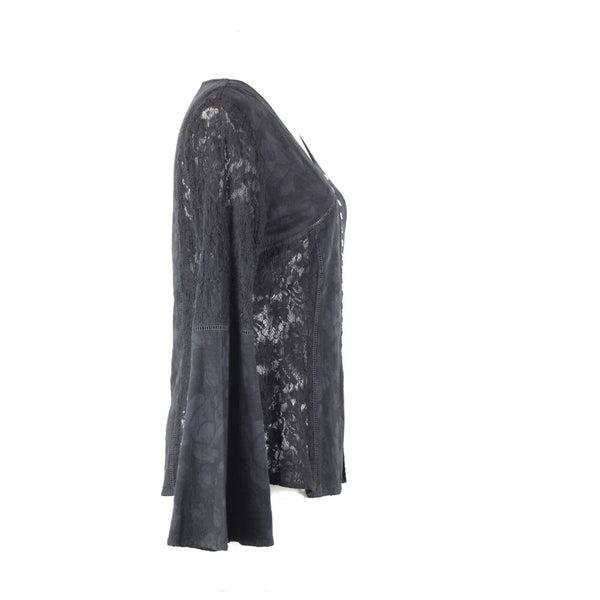 Tregene NEW $177 Sz S Black Lace Eyelet Button Down V Neck Cotton Linen Top