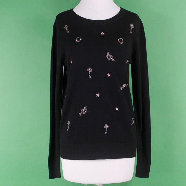 French Connection NEW $138 Sz S Black Silver Stones Beads Cotton Blend Sweater
