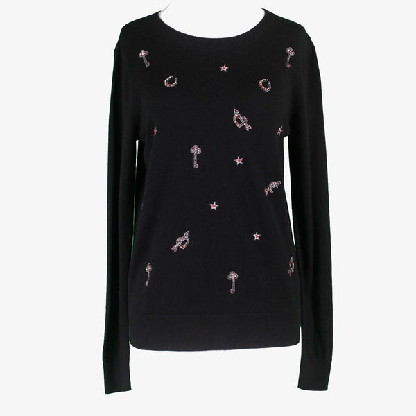 French Connection NEW $138 Sz S Black Silver Stones Beads Cotton Blend Sweater