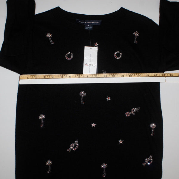French Connection NEW $138 Sz S Black Silver Stones Beads Cotton Blend Sweater
