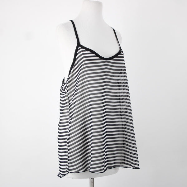 Trac NEW $35 Beatlejuice Sz L Black White Sheer Striped 100% Polyester Tank Top