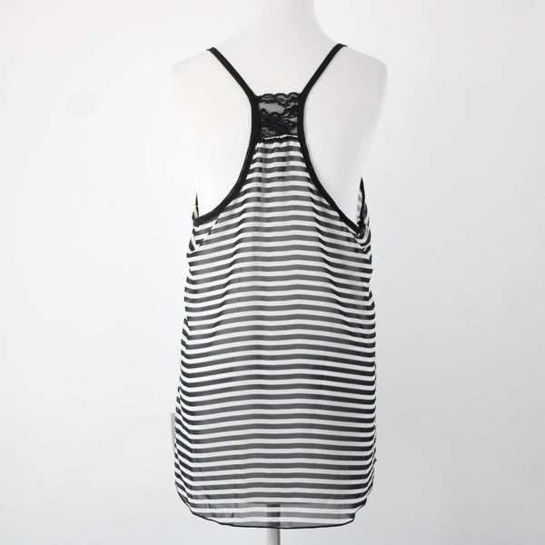 Trac NEW $35 Beatlejuice Sz L Black White Sheer Striped 100% Polyester Tank Top