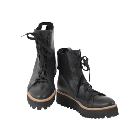 All Black Sz 38.5 Black Tan Lace Up Zipper Closure Leather Rubber Sole 2" Boots