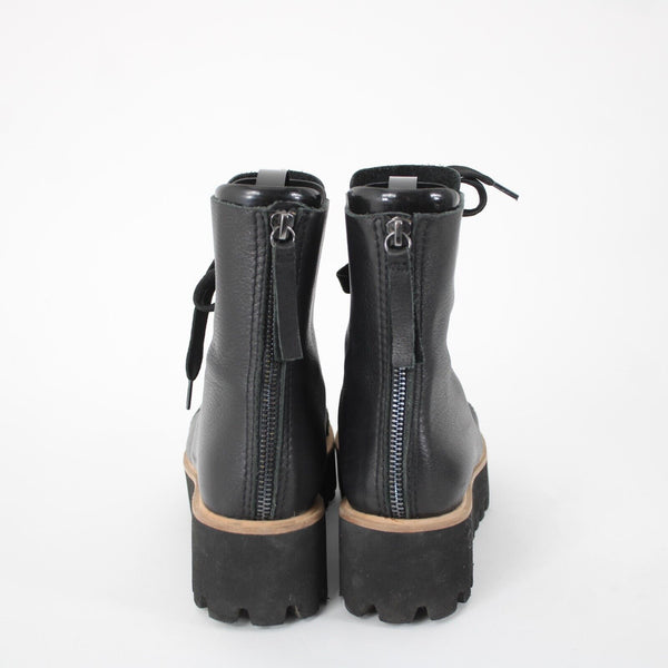 All Black Sz 38.5 Black Tan Lace Up Zipper Closure Leather Rubber Sole 2" Boots