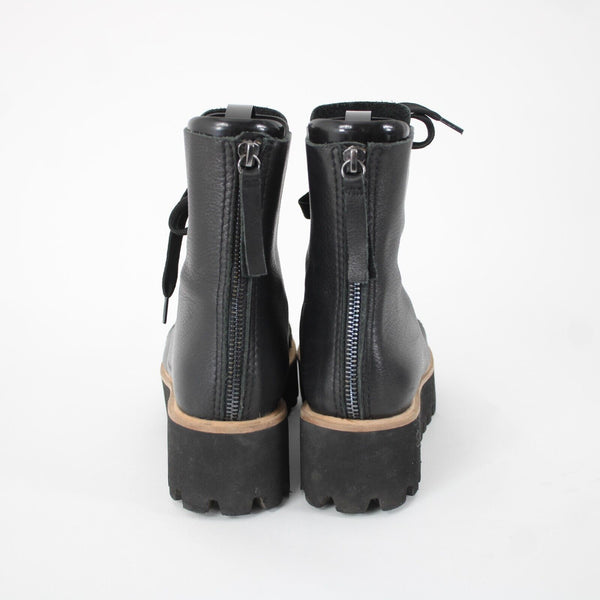 All Black Sz 38.5 Black Tan Lace Up Zipper Closure Leather Rubber Sole 2" Boots