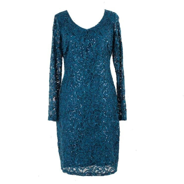 Marina NEW Sz 8 Teal Blue Lace Overlay Sequin Open Back Nylon Spandex Dress