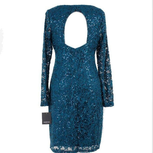 Marina NEW Sz 8 Teal Blue Lace Overlay Sequin Open Back Nylon Spandex Dress