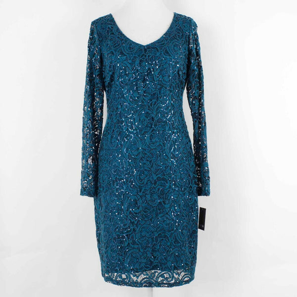 Marina NEW Sz 8 Teal Blue Lace Overlay Sequin Open Back Nylon Spandex Dress