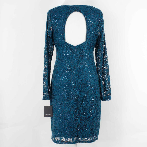 Marina NEW Sz 8 Teal Blue Lace Overlay Sequin Open Back Nylon Spandex Dress