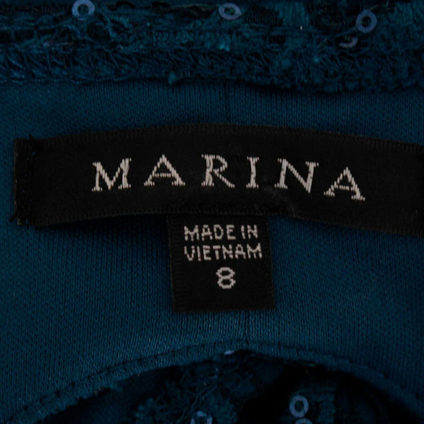 Marina NEW Sz 8 Teal Blue Lace Overlay Sequin Open Back Nylon Spandex Dress