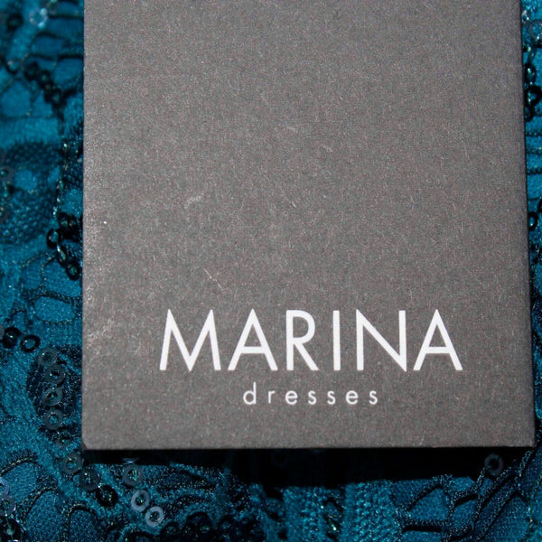 Marina NEW Sz 8 Teal Blue Lace Overlay Sequin Open Back Nylon Spandex Dress