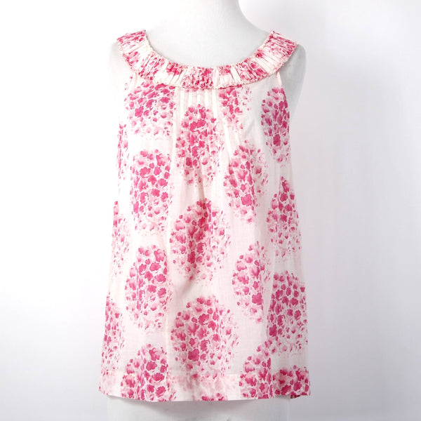 Rebecca Taylor Sz 4 Lt Pink Magenta Floral Pleated Raw Edge Collar Cotton Top