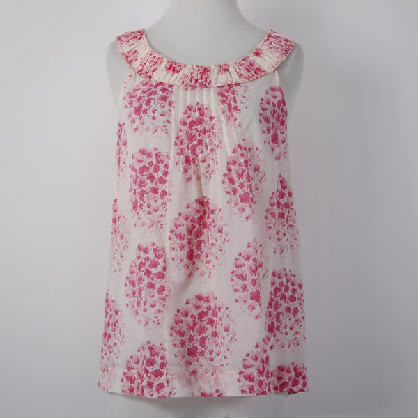 Rebecca Taylor Sz 4 Lt Pink Magenta Floral Pleated Raw Edge Collar Cotton Top