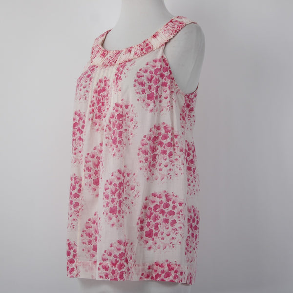 Rebecca Taylor Sz 4 Lt Pink Magenta Floral Pleated Raw Edge Collar Cotton Top