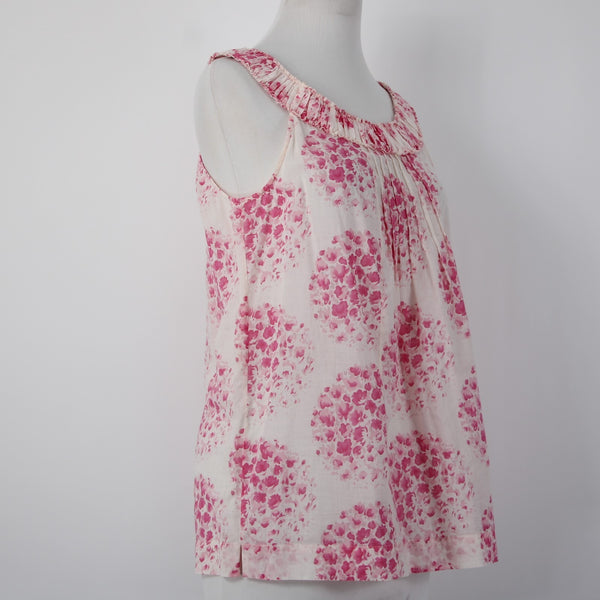 Rebecca Taylor Sz 4 Lt Pink Magenta Floral Pleated Raw Edge Collar Cotton Top