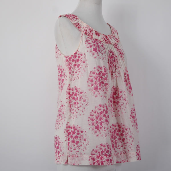 Rebecca Taylor Sz 4 Lt Pink Magenta Floral Pleated Raw Edge Collar Cotton Top