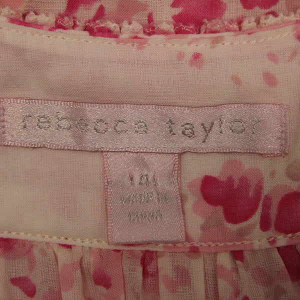 Rebecca Taylor Sz 4 Lt Pink Magenta Floral Pleated Raw Edge Collar Cotton Top