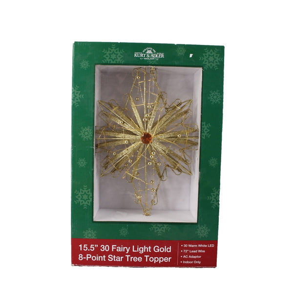 Kurt S Adler Tree Topper 30 Fairy Light Gold 8 Point Star 15.5" Tree Topper