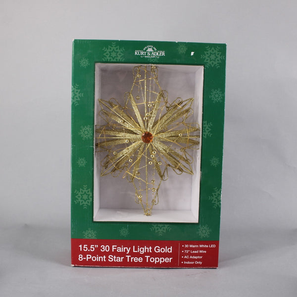 Kurt S Adler Tree Topper 30 Fairy Light Gold 8 Point Star 15.5" Tree Topper