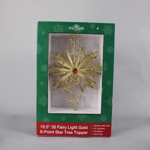 Kurt S Adler Tree Topper 30 Fairy Light Gold 8 Point Star 15.5" Tree Topper