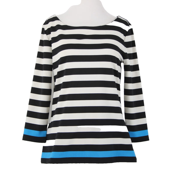 Ann Taylor Top Sz M Black White Blue Striped Pullover Polyester Spandex Top
