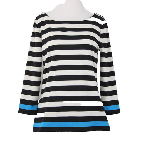 Ann Taylor Top Sz M Black White Blue Striped Pullover Polyester Spandex Top