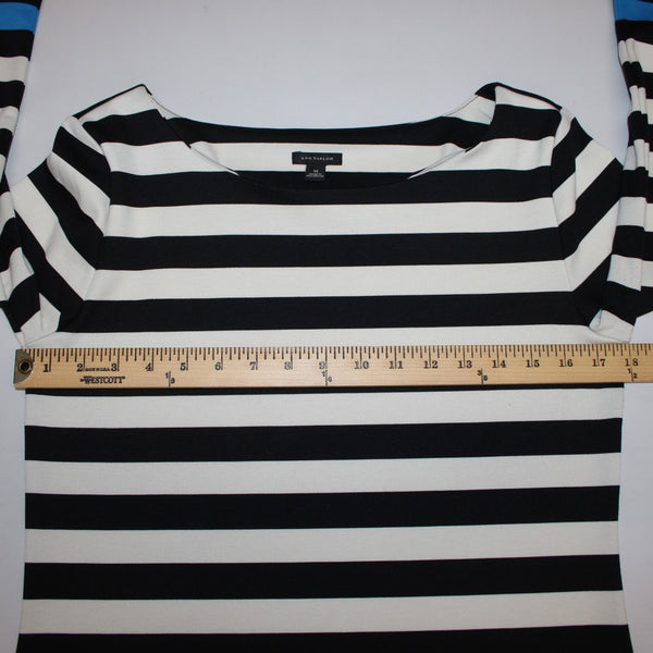 Ann Taylor Top Sz M Black White Blue Striped Pullover Polyester Spandex Top