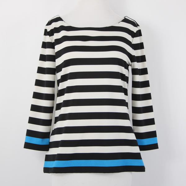 Ann Taylor Top Sz M Black White Blue Striped Pullover Polyester Spandex Top