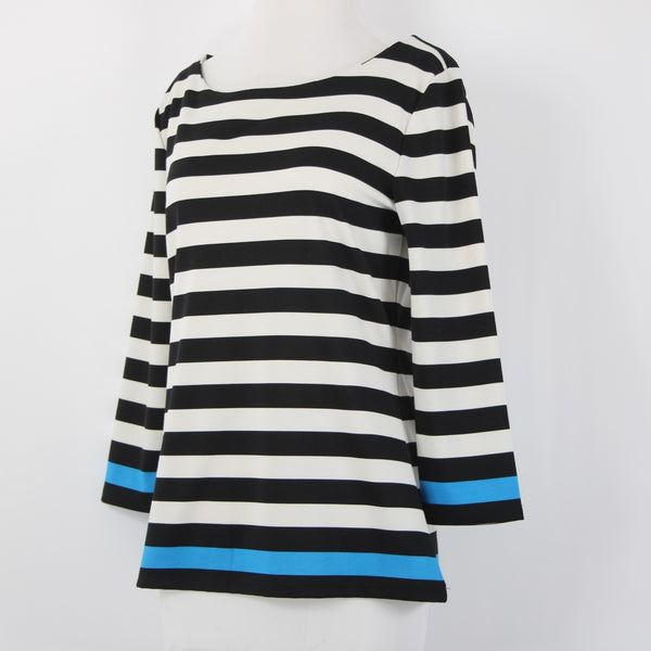 Ann Taylor Top Sz M Black White Blue Striped Pullover Polyester Spandex Top