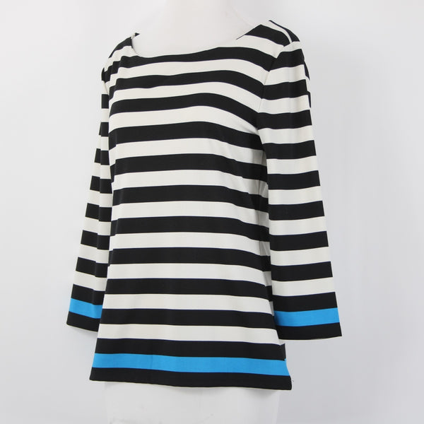 Ann Taylor Top Sz M Black White Blue Striped Pullover Polyester Spandex Top