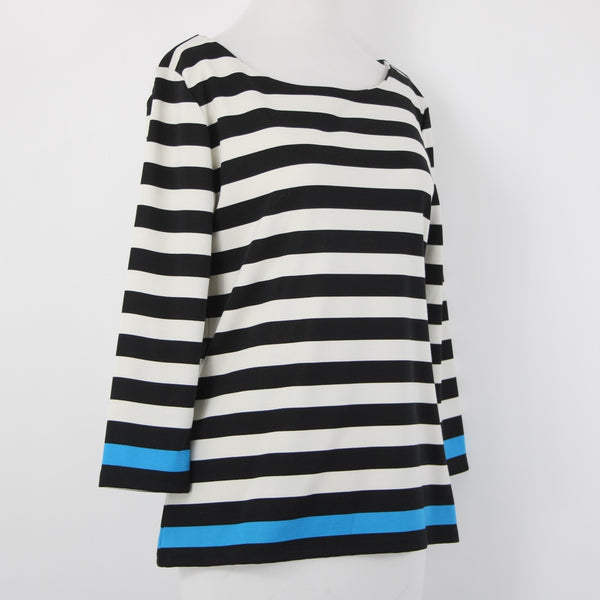 Ann Taylor Top Sz M Black White Blue Striped Pullover Polyester Spandex Top